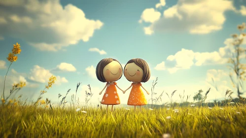 Whimsical Cartoon Girls Holding Hands