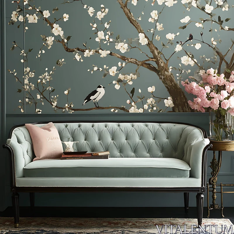 AI ART Stylish Interior with Floral Design and Bird Accent