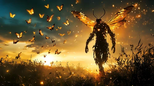 Sunset Magic: Butterfly Swarm and Winged Figure