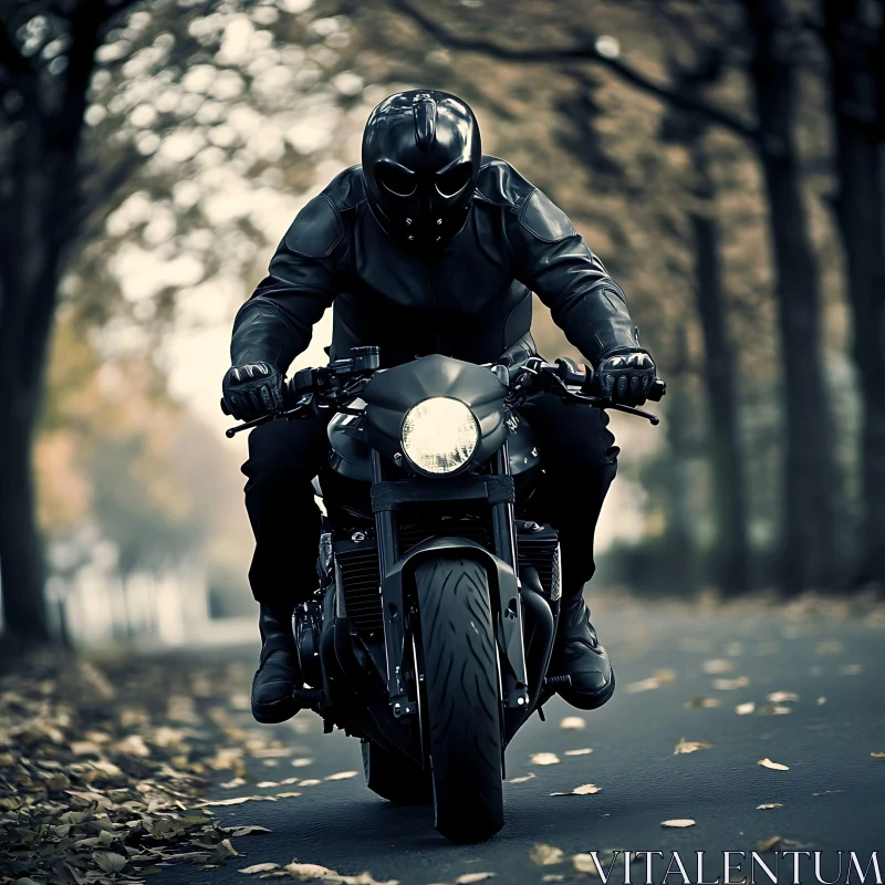 Motorcycle Rider on Autumn Road AI Image