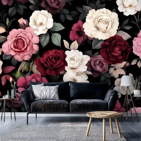 Roses Wallpaper with Comfortable Sofa