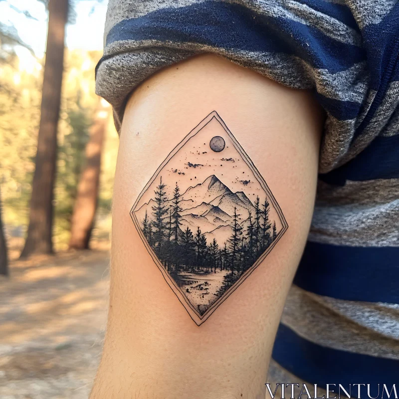 AI ART Diamond-Shaped Nature Tattoo with Mountains and Forest