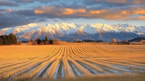 Golden Landscape with Snow-Capped Peaks