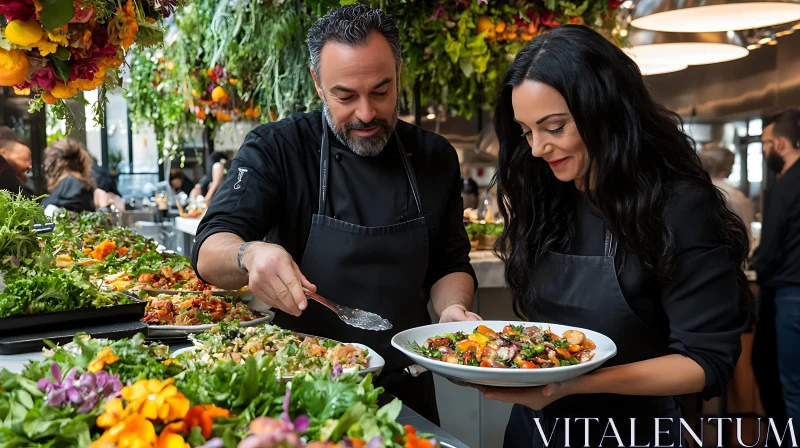 Chefs Crafting Fresh Salads in a Gourmet Restaurant AI Image