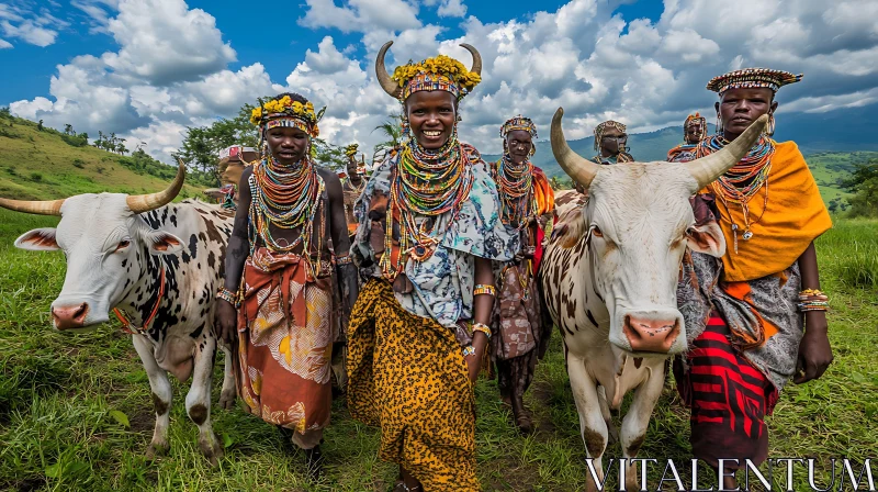 Tribal People and Cattle in Africa AI Image