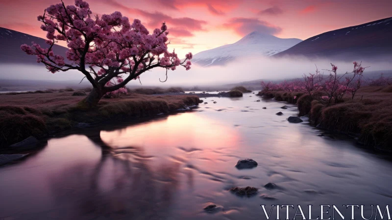 Captivating Sunset Landscape with Blossoming Tree by Arnavut Hannsa AI Image