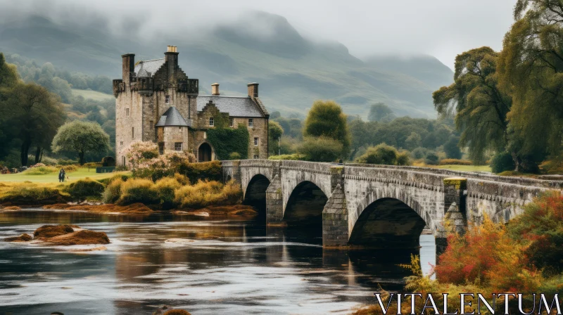 Castle with Stone Bridge in Scotland - Romanticized Country Life AI Image