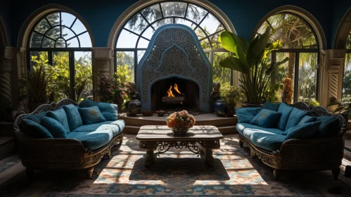 Cozy Mediterranean-inspired Living Room with Blue Couches and Fireplace