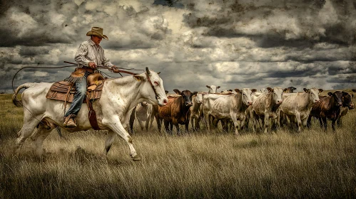 Rural Cowboy with Cattle on Grassy Field