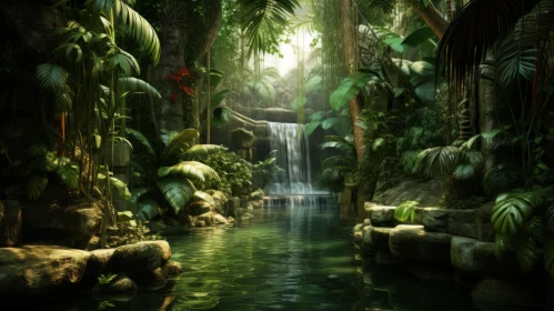 Exotic Jungle Waterfall Wallpaper in 3D Neogeo Style