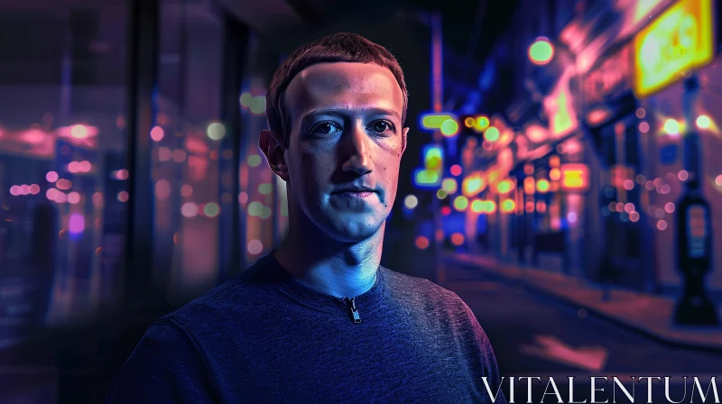 Mark Zuckerberg at Night in a Neon-Lit City AI Image