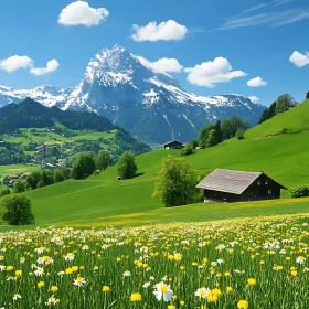 Alpine Meadow with Snow-Capped Peaks