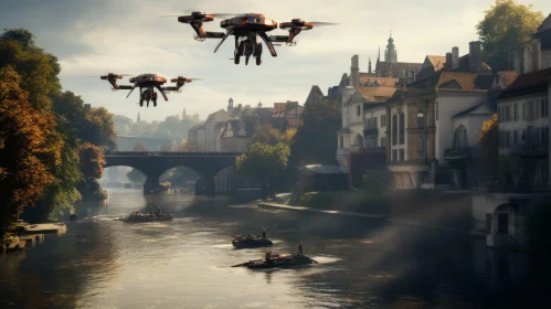 Sci-Fi Baroque Drones Over River - A New Fauves Inspiration