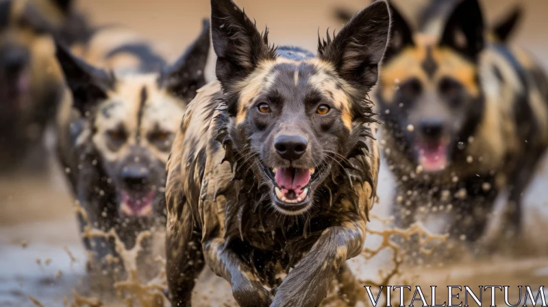 Wild Dogs in Motion: A Captivating Close-Up Water Scene AI Image