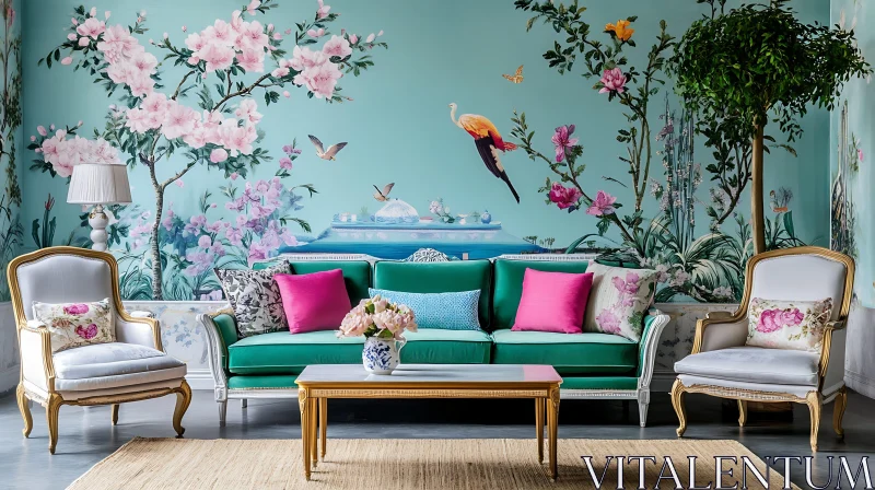 AI ART Charming Interior with Floral Wallpaper