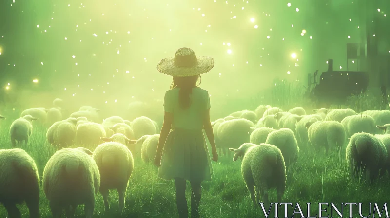 Pastoral Scene with Girl and Sheep AI Image