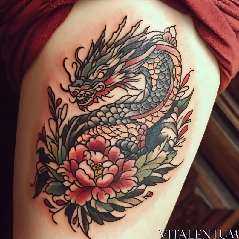 Intricate Dragon Tattoo Art with Florals AI Image