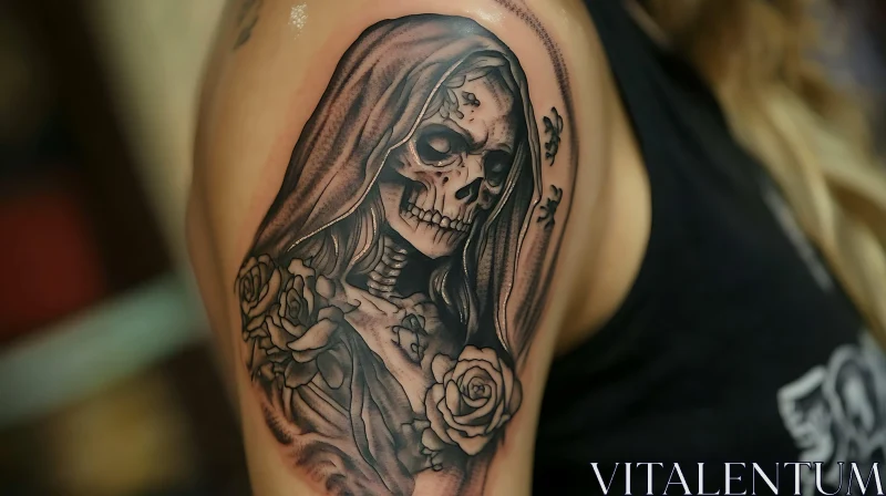 Black and Grey Skeleton Tattoo with Floral Motif AI Image