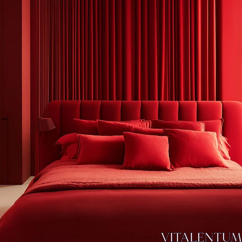 Monochromatic Red Bedroom with Velvet Accents AI Image