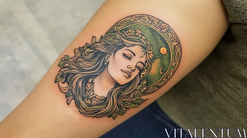 Serene Woman's Face with Celestial Motifs Ink AI Image