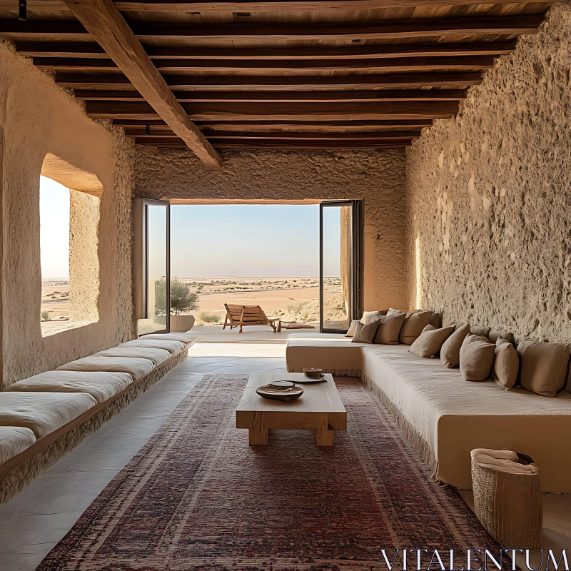 Serene Desert Living Room with Stone Walls AI Image