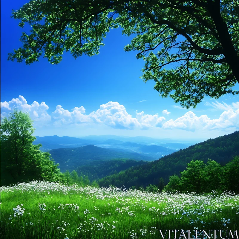 Scenic Meadow View with White Flowers AI Image