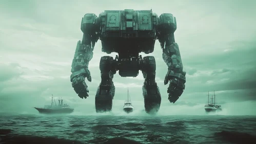 Futuristic Robot Giant in the Ocean