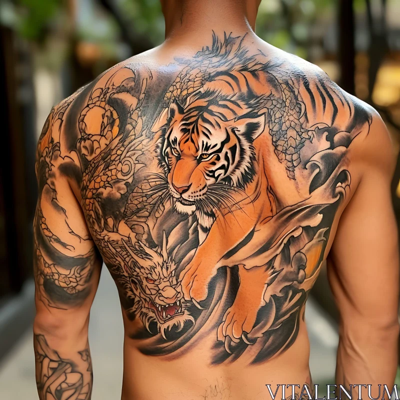 Tiger and Dragon Full Back Tattoo Design AI Image