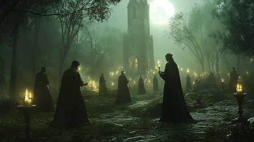 Mysterious Monks in Dark Forest Ceremony