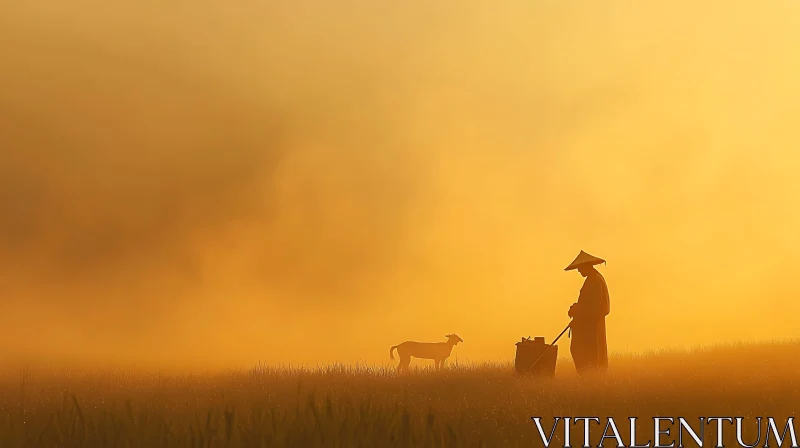 AI ART Peaceful Morning with Farmer and Goat