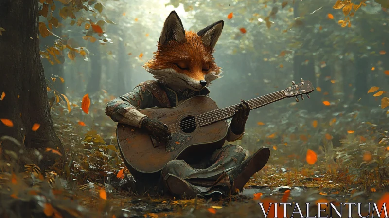 Fox playing guitar in the woods AI Image