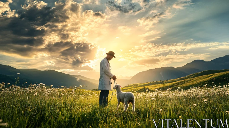 Pastoral Scene with Shepherd and Sheep AI Image