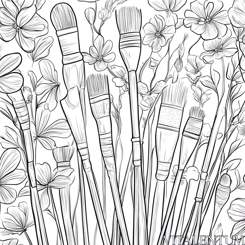 AI ART Paintbrushes and Blossoms Sketch