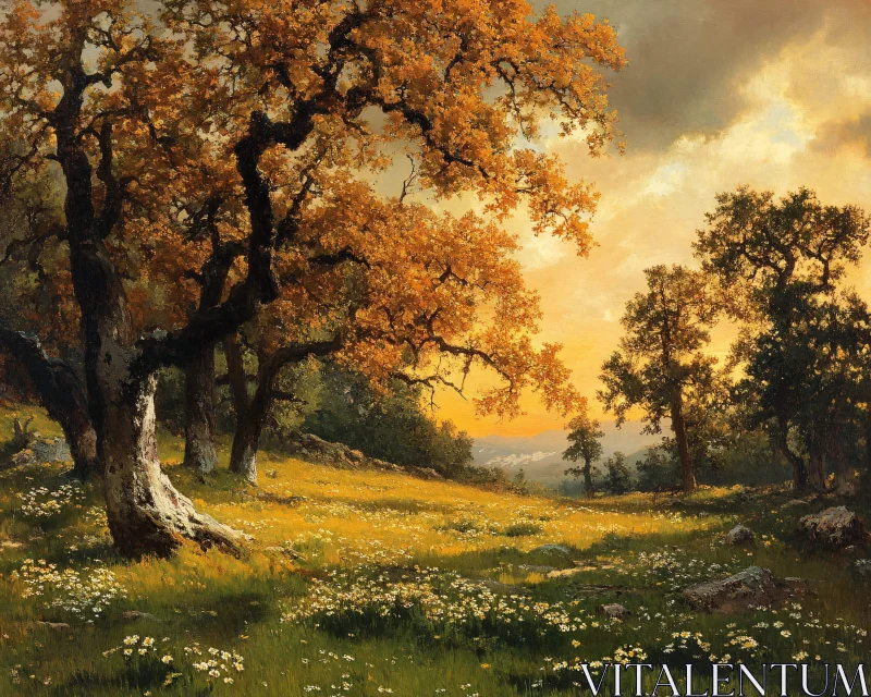 Peaceful Sunset Landscape with Trees and Flowers AI Image