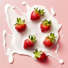 Ripe Strawberries in Milk on Pink Surface