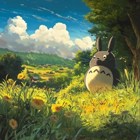 Anime Landscape with Totoro and Flowers