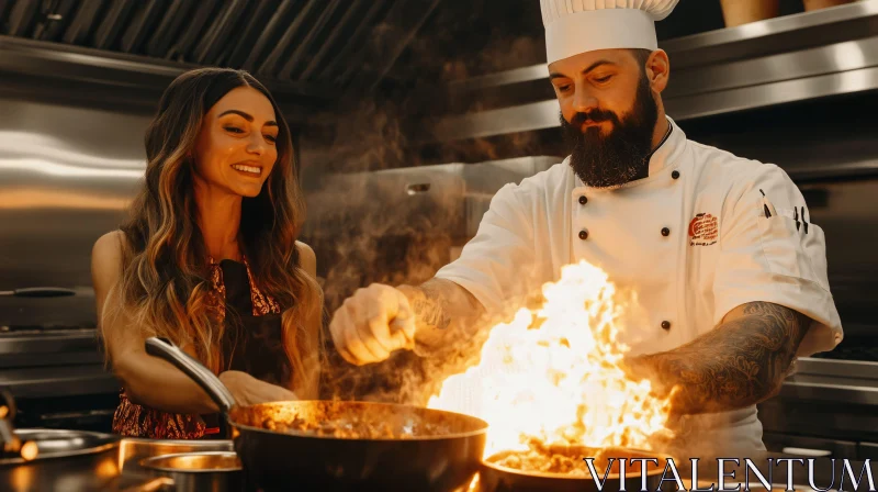 Dynamic Cooking Scene with Chef and Woman AI Image