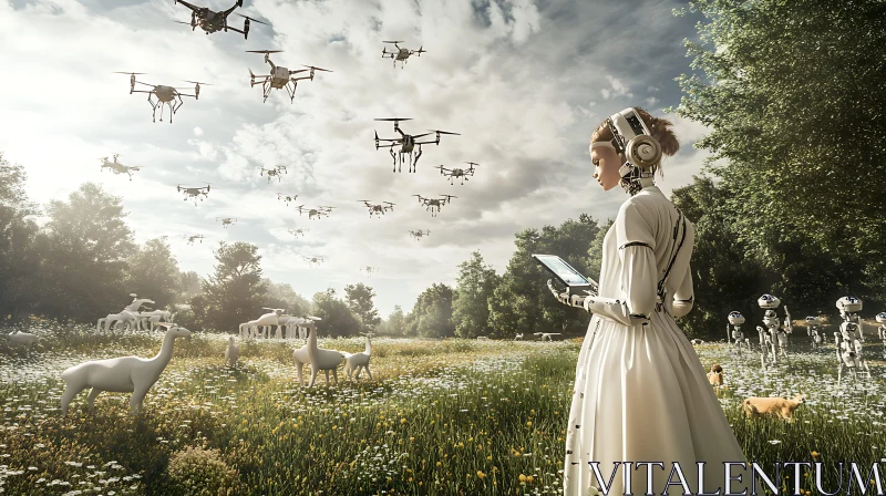 AI ART Robot Woman in Field of Drones