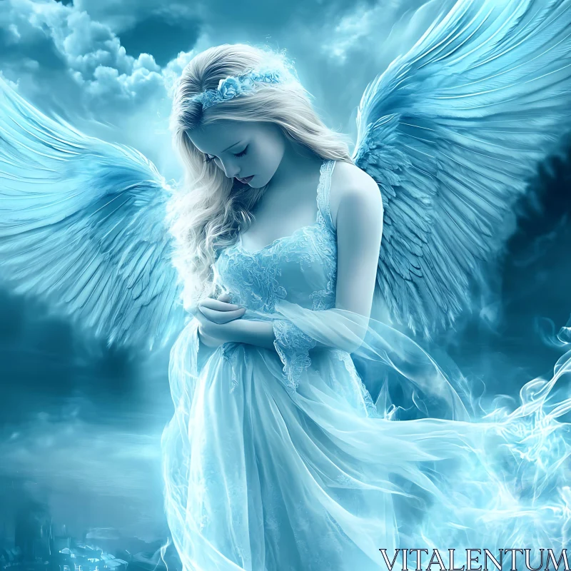 Angelic Woman with Wings in Serene Blue AI Image