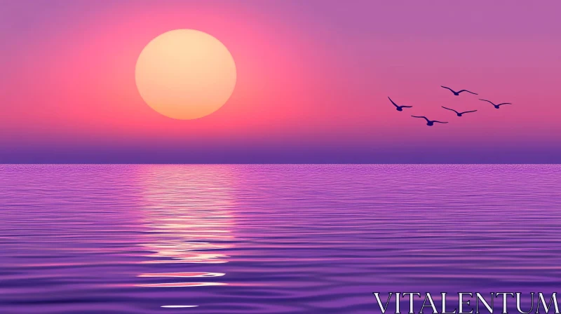 AI ART Sunset Over Ocean with Birds in Flight