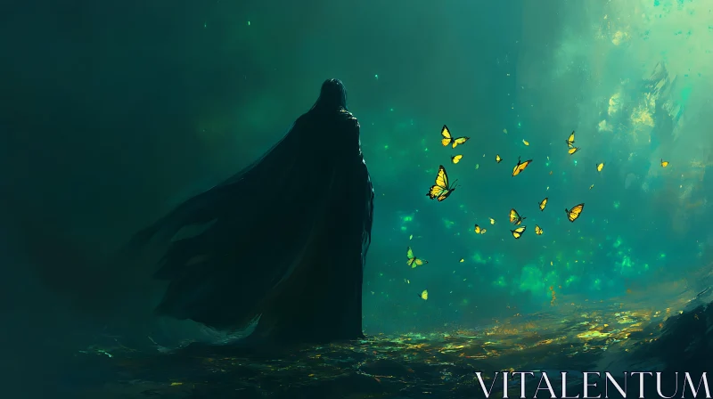 Cloaked Figure and Butterfly Swarm AI Image