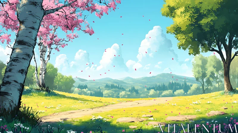 Spring Meadow Landscape with Floral Trees AI Image