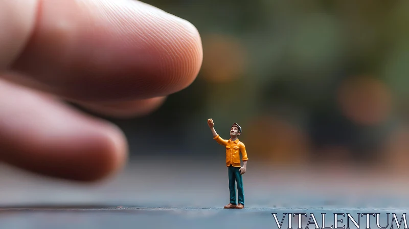 Contrast of Scale: A Giant Finger and Tiny Figurine AI Image