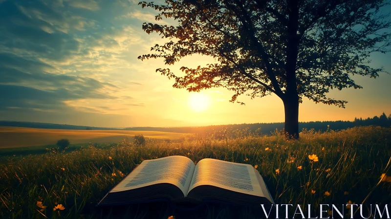 Open Book in Field at Sunset AI Image