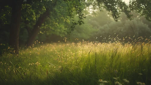 Golden Meadow Landscape with Wildflowers