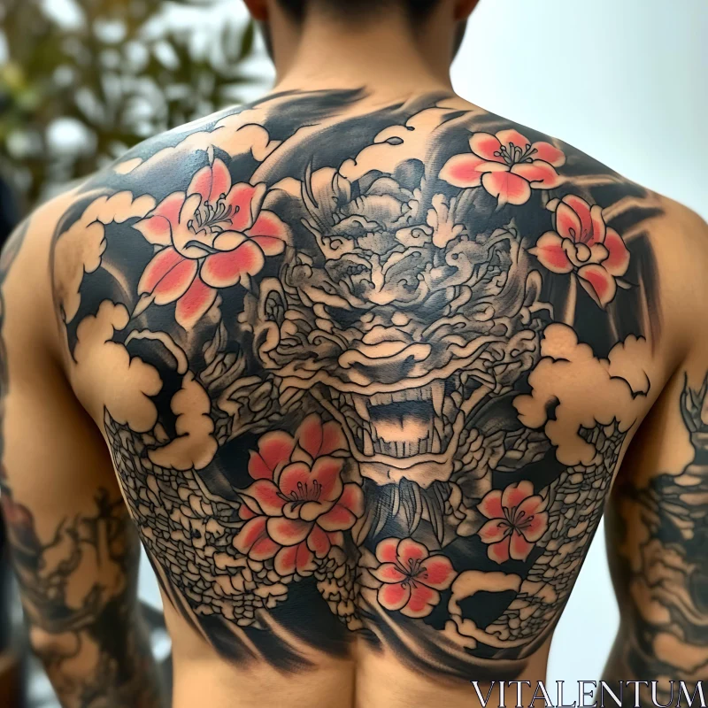 Intricate Dragon and Flower Back Tattoo AI Image