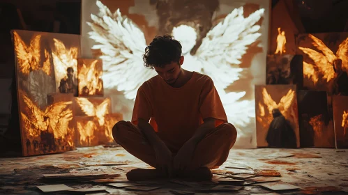 Man in Studio Surrounded by Angel Art