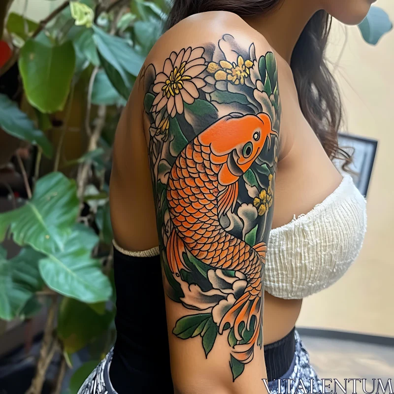 Exquisite Koi Fish and Floral Tattoo Design AI Image