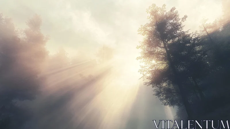 Morning Sun Beams Through Misty Trees AI Image