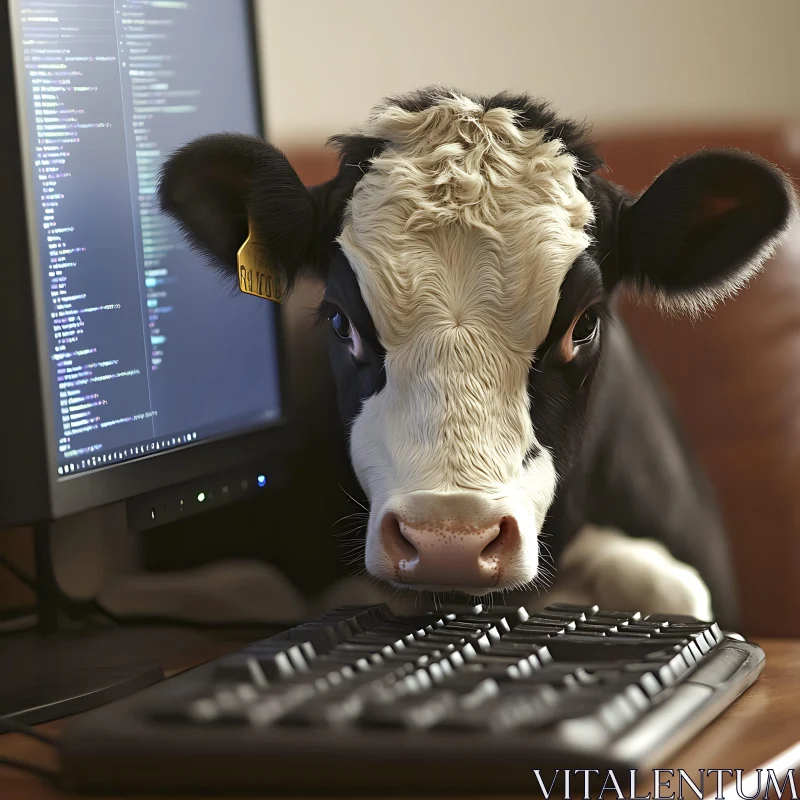 Cow Working on Computer AI Image